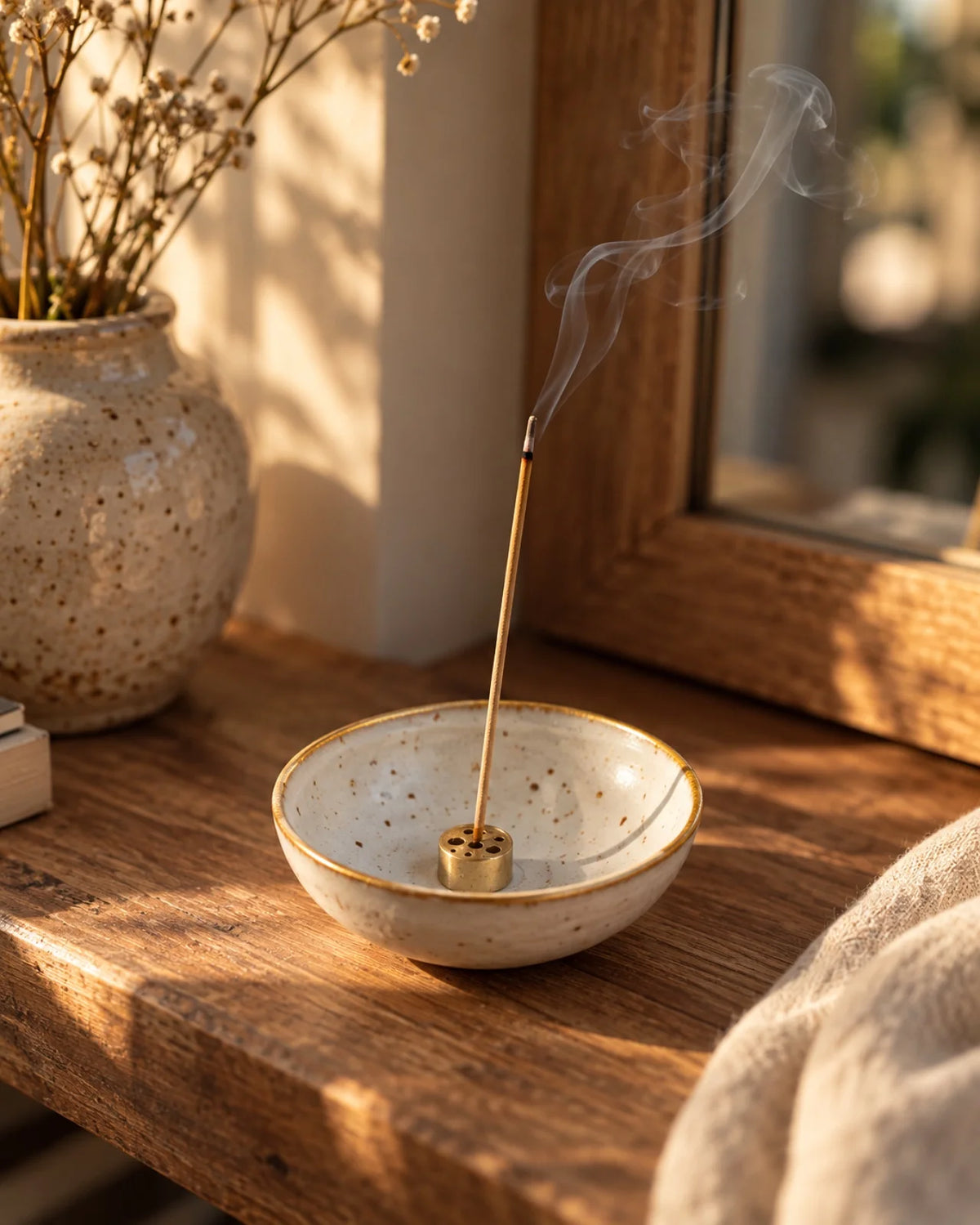 Porta incenso Alento in porcellana artigianale portoghese e supporto ottone con bastoncino acceso e fumo che sale in un ambiente slow living