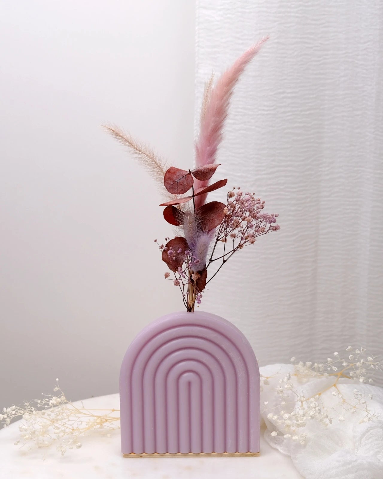 Vaso Arco Iris Serendipity - vaso in cera artigianale a forma di arcobaleno con fiori stabilizzati e secchi ametista grande