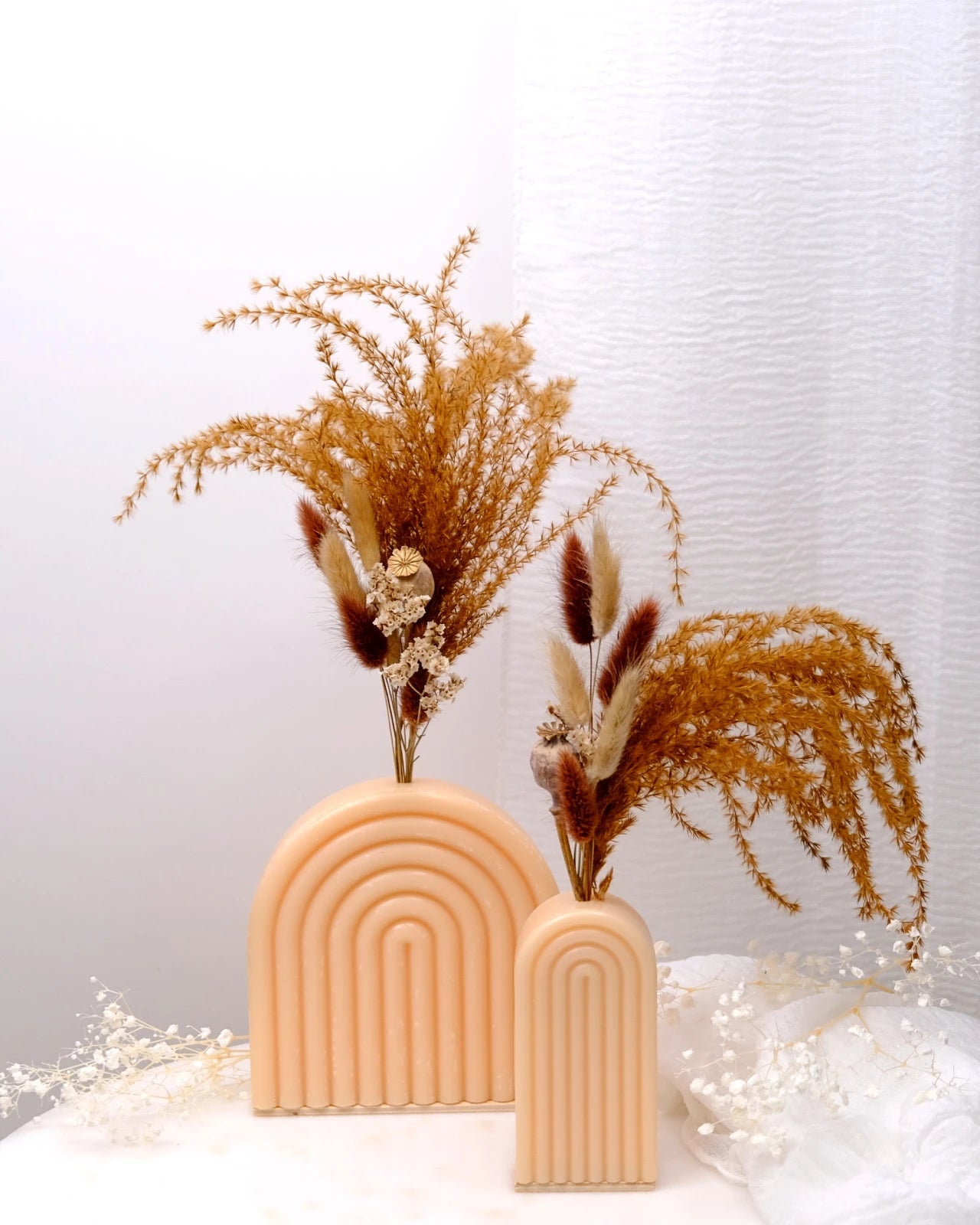 Vaso Arco Iris Serendipity - vaso in cera artigianale a forma di arcobaleno con fiori stabilizzati e secchi grano duo