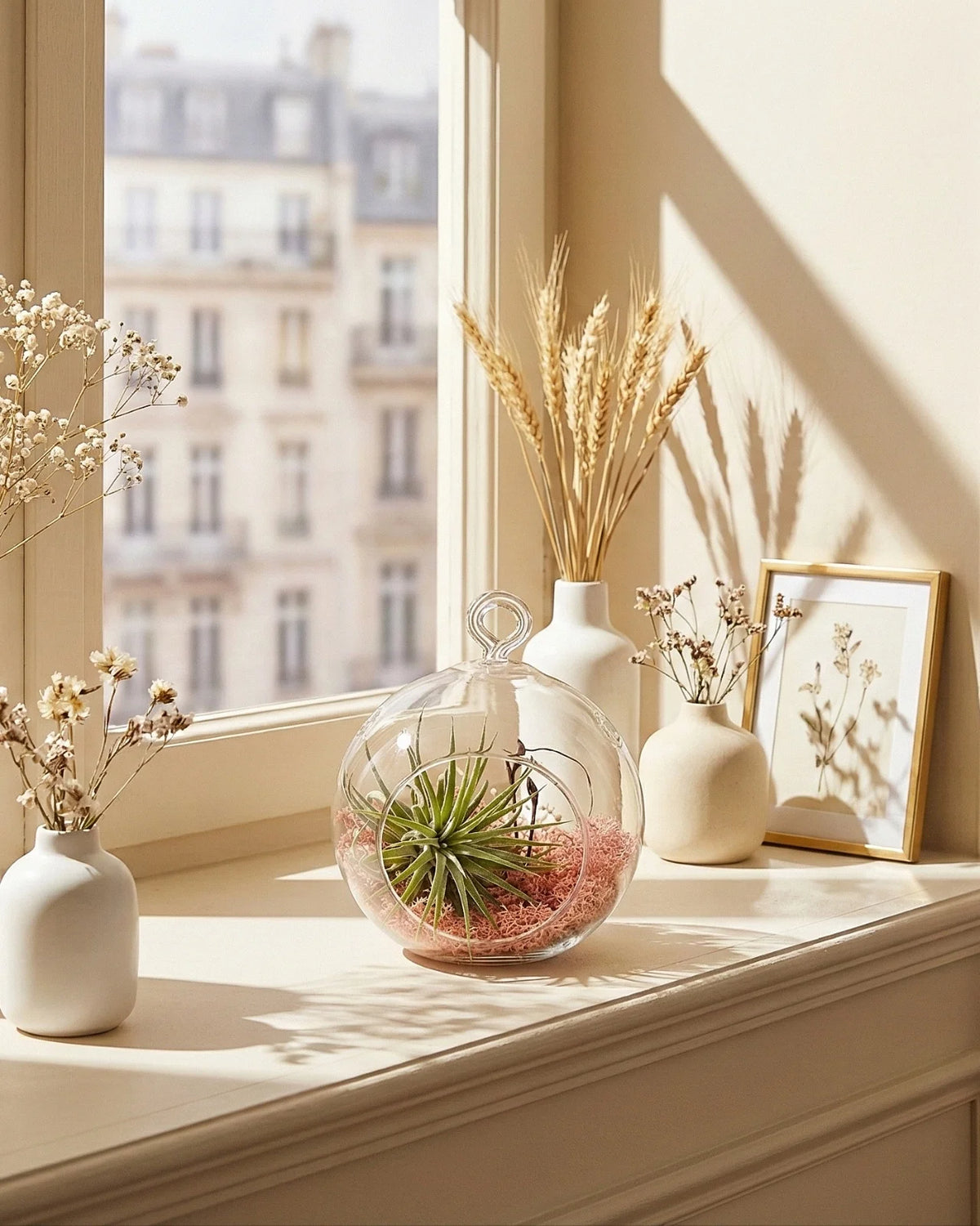 Terrarium Aria con Tillandsia Ionantha pianta aerea muschio stabilizzato rosa cipria bowl vetro sfera