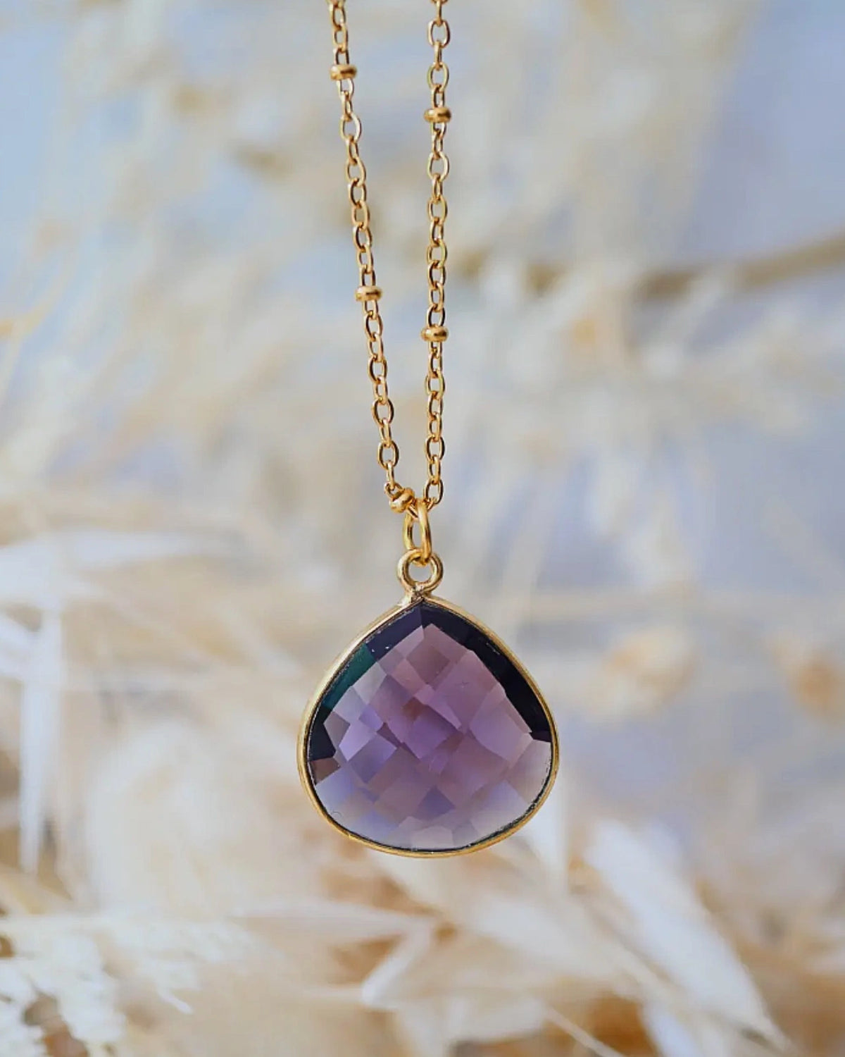 collana artigianale made in paris in ottone placcato oro 18k 2 micron con ciondolo pietra naturale ametista