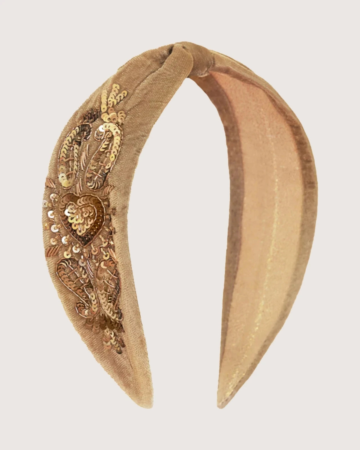 Fascia capelli velluto caramello con ricami paisley oro e perline, artigianato indiano di lusso