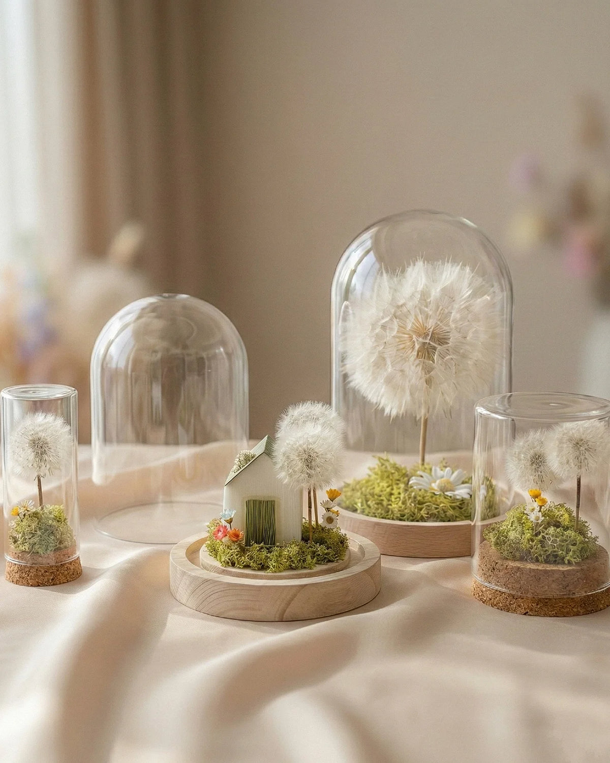 Collezione di terrarium botanici poetici eterni con soffioni veri stabilizzati, prato muschio stabilizzato e glixie | Giardino dei Desideri - Roma 