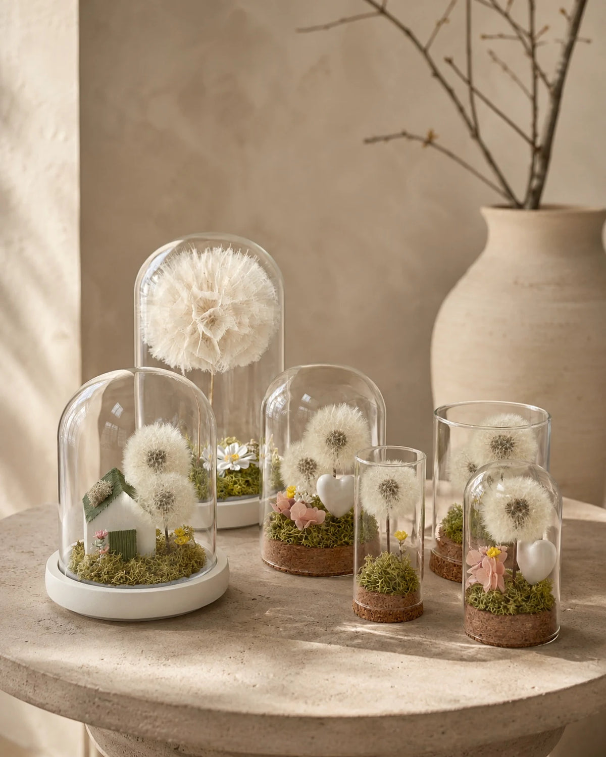 Collezione di terrarium botanici poetici eterni con soffioni veri stabilizzati, prato muschio stabilizzato e glixie | Giardino dei Desideri - Roma 