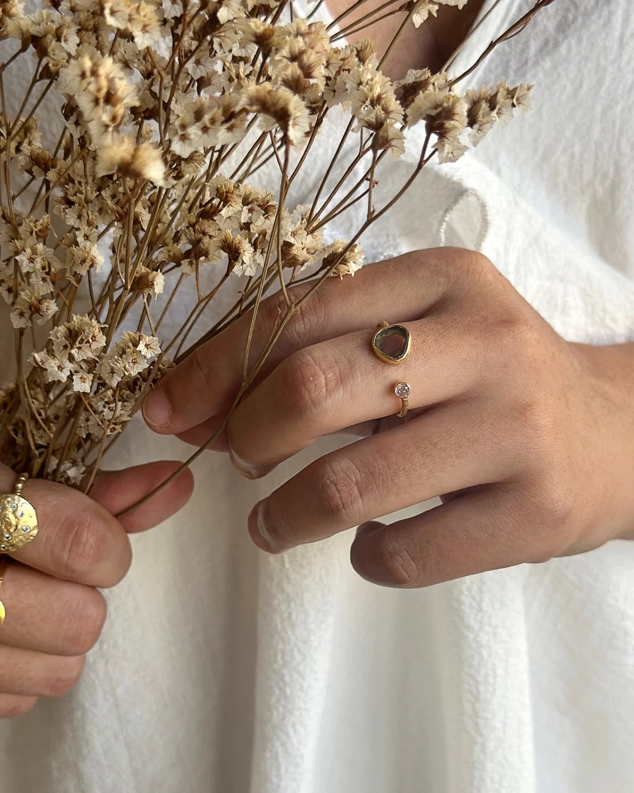 dina anello artigianale ottone placcato oro 18k 2 micron con pietra naturale tormalina anguria