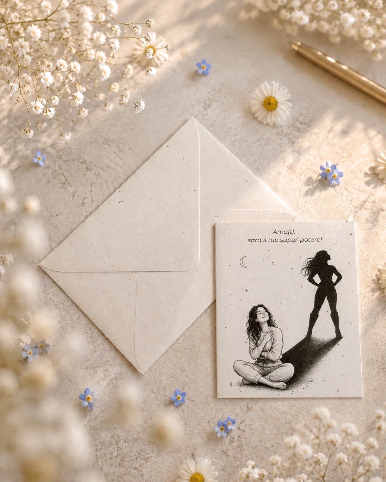 bigliettino auguri con illustrazione disegno poetico bianco e nero su carta artigianale arricchita con semi di fiori di campo ( margherite, papavero e non-ti-scordar-di-me ) con bustina | Per motivazione: ama(ti): sarà il tuo superpotere!