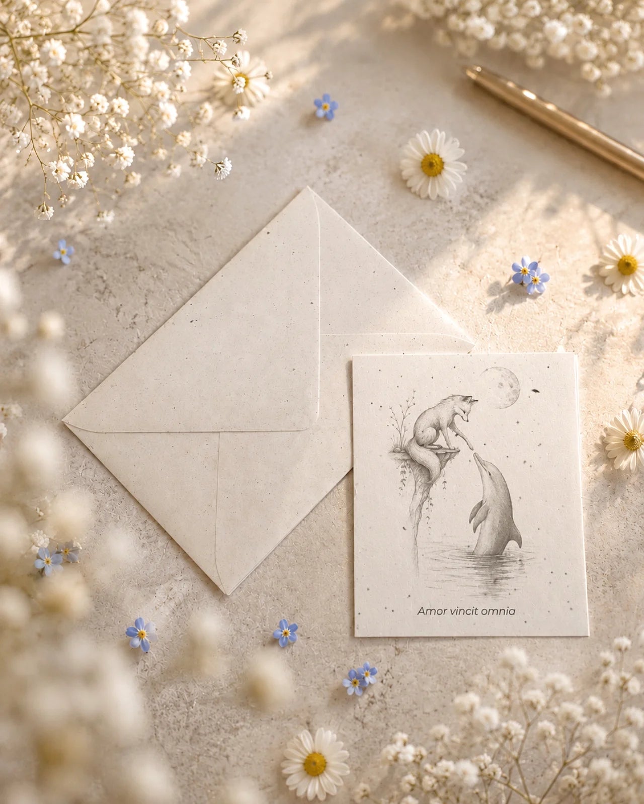 bigliettino auguri con illustrazione disegno poetico bianco e nero su carta artigianale arricchita con semi di fiori di campo ( margherite, papavero e non-ti-scordar-di-me ) con bustina | Per amore: amor vincit omnia