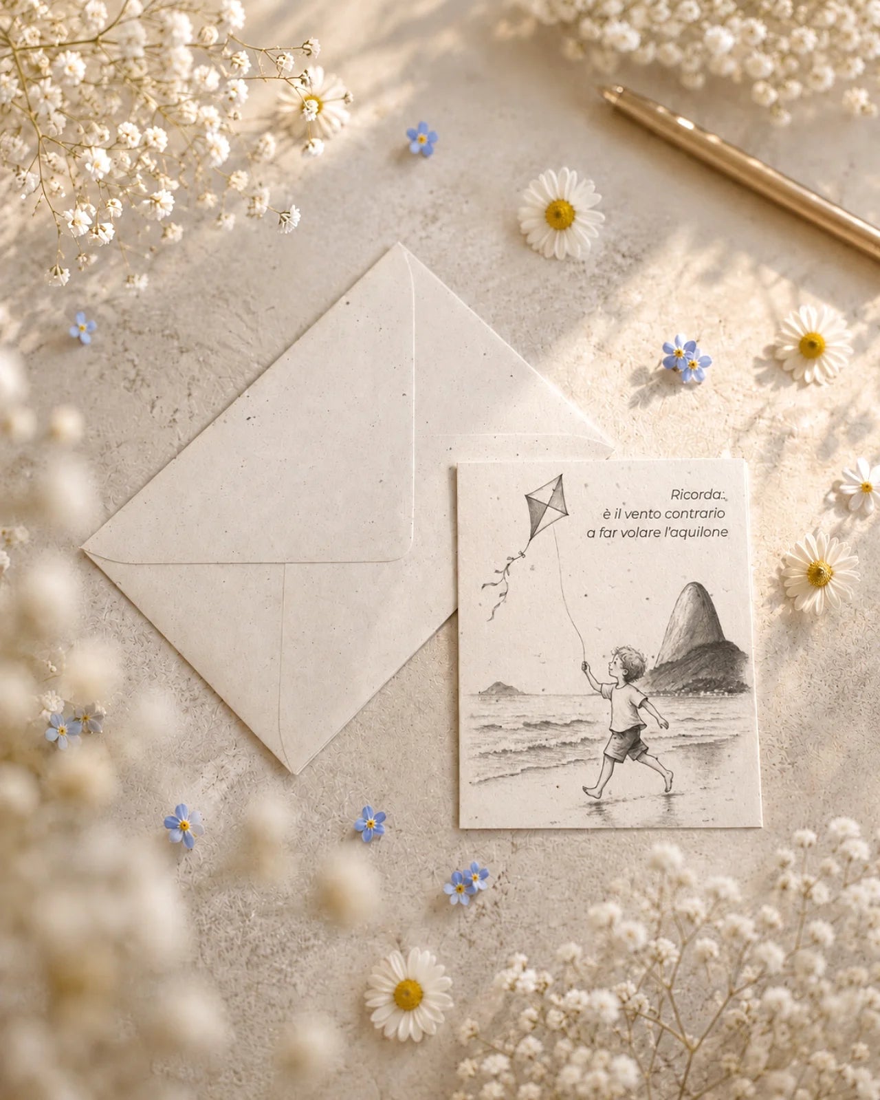 bigliettino auguri con illustrazione disegno poetico bianco e nero su carta artigianale arricchita con semi di fiori di campo ( margherite, papavero e non-ti-scordar-di-me ) con bustina | Per motivazione: ricorda ... è il vento contrario a far volare l'aquilone