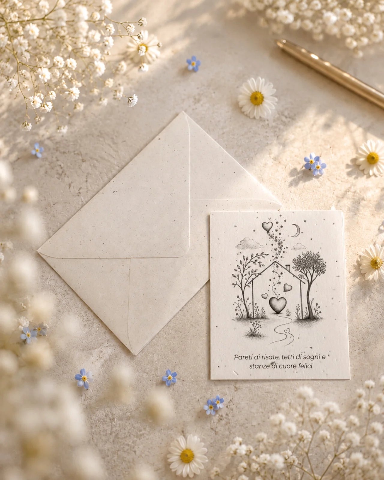 bigliettino auguri con illustrazione disegno poetico bianco e nero su carta artigianale arricchita con semi di fiori di campo ( margherite, papavero e non-ti-scordar-di-me ) con bustina | Per celebrare casa nuova: pareti di risate, tetti di sogni e stanze di cuore felici