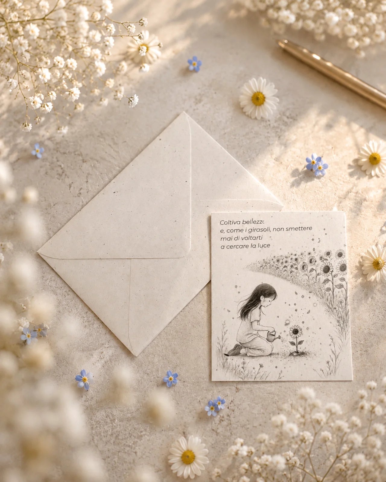 bigliettino auguri con illustrazione disegno poetico bianco e nero su carta artigianale arricchita con semi di fiori di campo ( margherite, papavero e non-ti-scordar-di-me ) con bustina | Per motivazione: coltiva bellezza e, come i girasoli, non smettere mai di voltarti a cercare la luce