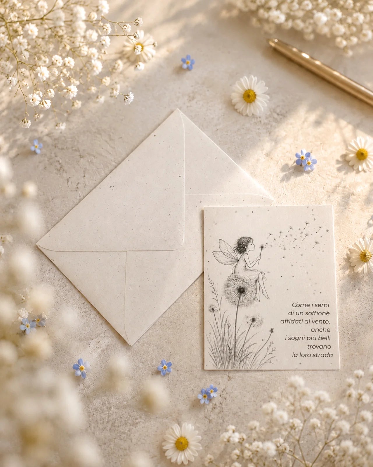 bigliettino auguri con illustrazione disegno poetico bianco e nero su carta artigianale arricchita con semi di fiori di campo ( margherite, papavero e non-ti-scordar-di-me ) con bustina | Per motivazione: come i semi di un soffione affidati al vento, anche i sogni più belli trovano la loro strada