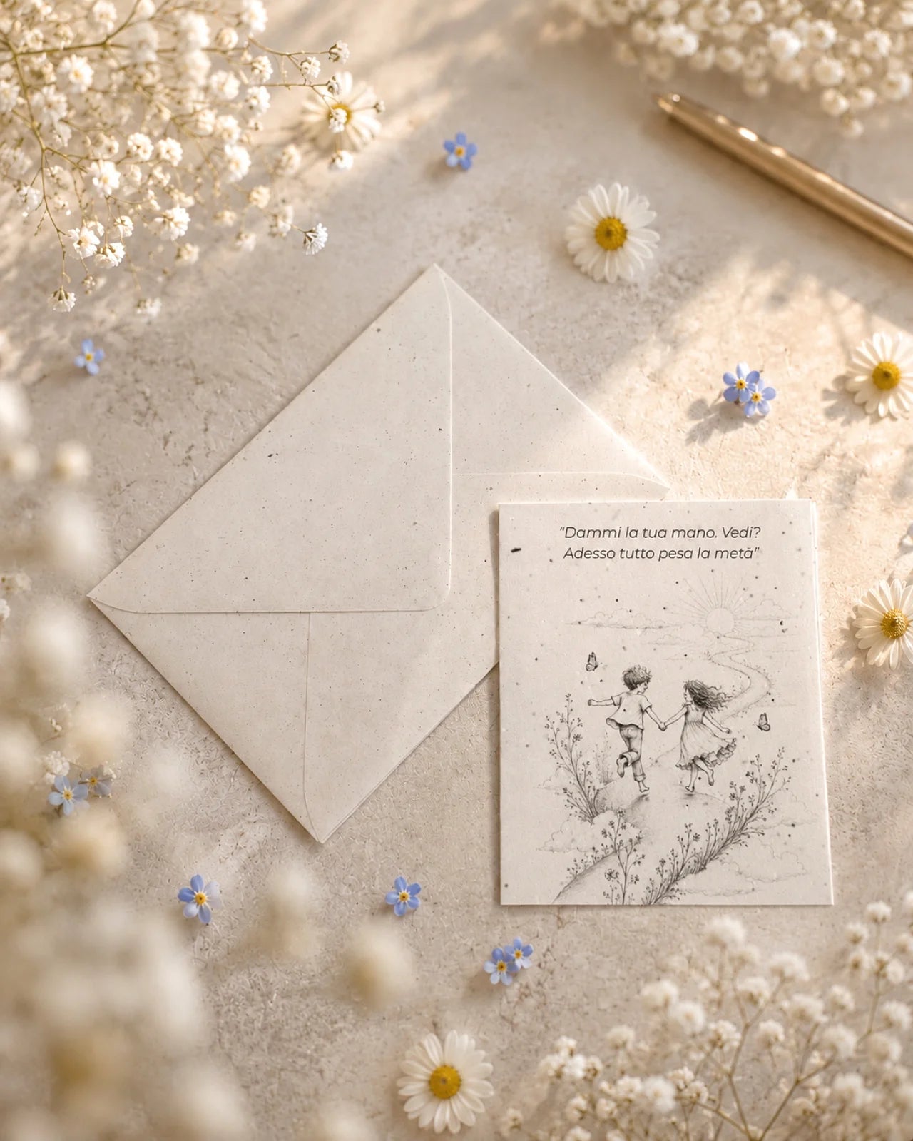 bigliettino auguri con illustrazione disegno poetico bianco e nero su carta artigianale arricchita con semi di fiori di campo ( margherite, papavero e non-ti-scordar-di-me ) con bustina | Per amore: "dammi la tua mano. Vedi? Adesso tutto pesa la metà"