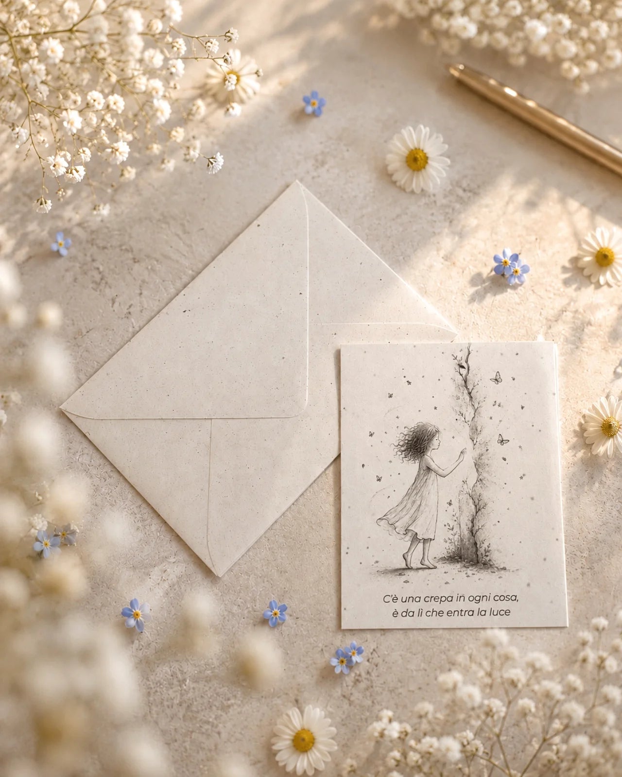 bigliettino auguri con illustrazione disegno poetico bianco e nero su carta artigianale arricchita con semi di fiori di campo ( margherite, papavero e non-ti-scordar-di-me ) con bustina | Per momenti difficili: c'è una crepa in ogni cosa, è da lì che entra la luce