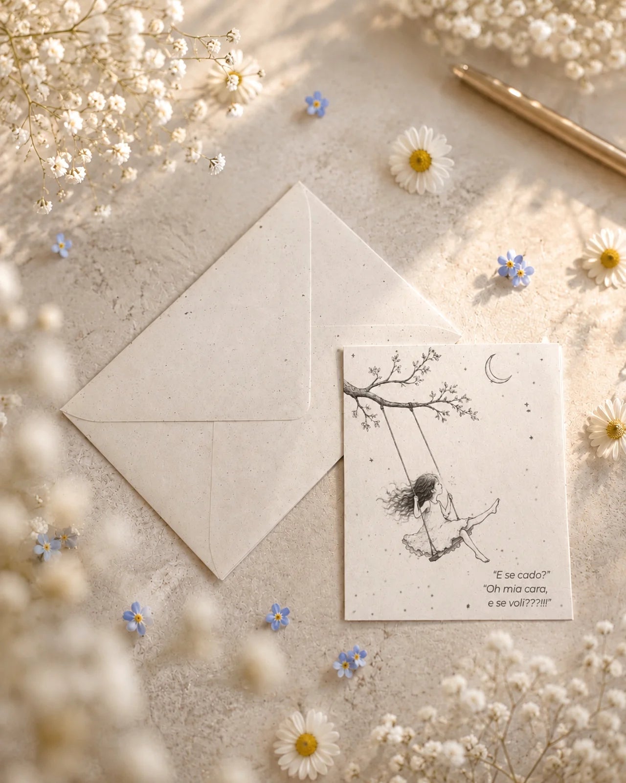 bigliettino auguri con illustrazione disegno poetico bianco e nero su carta artigianale arricchita con semi di fiori di campo ( margherite, papavero e non-ti-scordar-di-me ) con bustina | Per motivazione: "e se cado?" "Oh mia cara, e se voli???!!!"