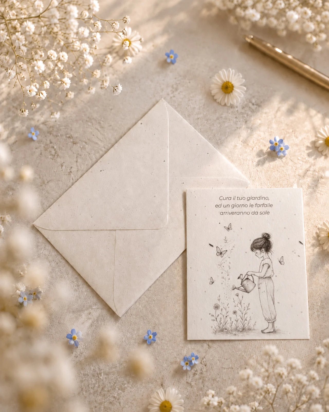 bigliettino auguri con illustrazione disegno poetico bianco e nero su carta artigianale arricchita con semi di fiori di campo ( margherite, papavero e non-ti-scordar-di-me ) con bustina | Per motivazione: cura il tuo giardino, ed un giorno le farfalle arriveranno da sole