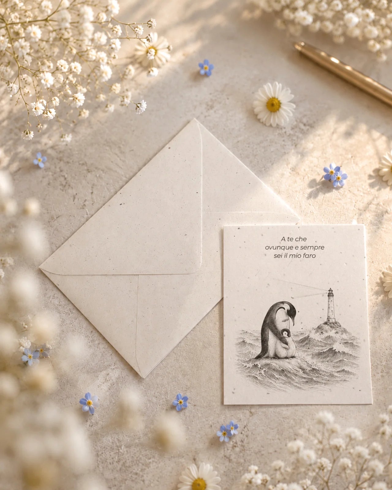 bigliettino auguri con illustrazione disegno poetico bianco e nero su carta artigianale arricchita con semi di fiori di campo ( margherite, papavero e non-ti-scordar-di-me ) con bustina | Per papà: a te che ovunque e sempre sei il mio faro