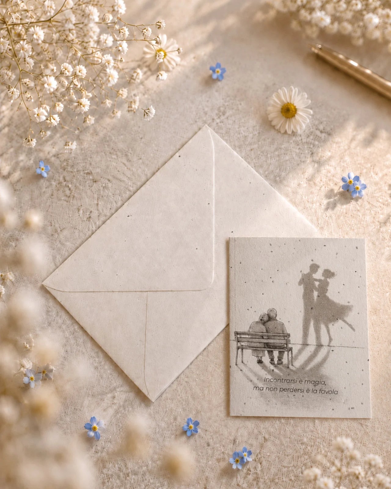 bigliettino auguri con illustrazione disegno poetico bianco e nero su carta artigianale arricchita con semi di fiori di campo ( margherite, papavero e non-ti-scordar-di-me ) con bustina | Per anniversario: incontrarsi è magia, ma non perdersi è la favola