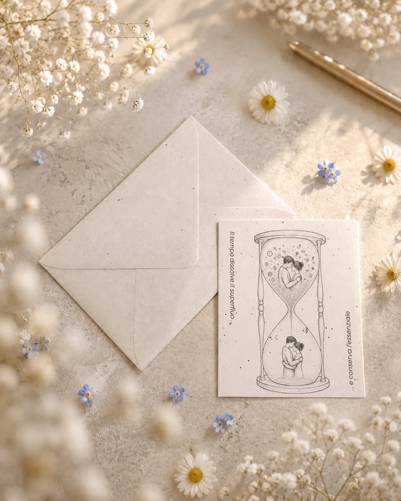 bigliettino auguri con illustrazione disegno poetico bianco e nero su carta artigianale arricchita con semi di fiori di campo ( margherite, papavero e non-ti-scordar-di-me ) con bustina | Per amore: il tempo dissolve il superfluo e conserva l'essenziale