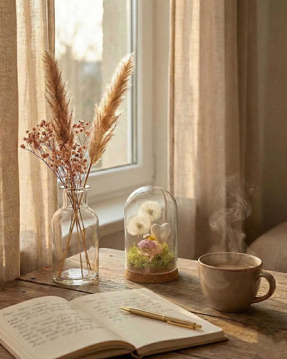 Composizione soffioni stabilizzati in campana di vetro con base legno regalo botanico originale naturale