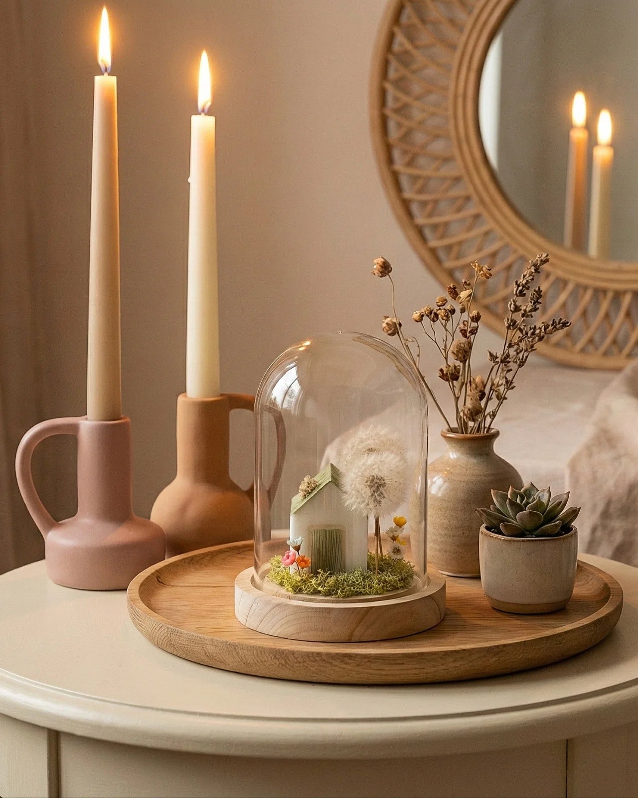 Casita soffioni stabilizzati multipli in ampolla vetro con casetta di cera profumata composizione botanica unica