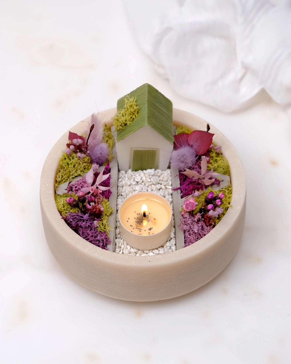 bonseki giardino zen rituale meditazione candela - vassoio tondo colore beige e lilla