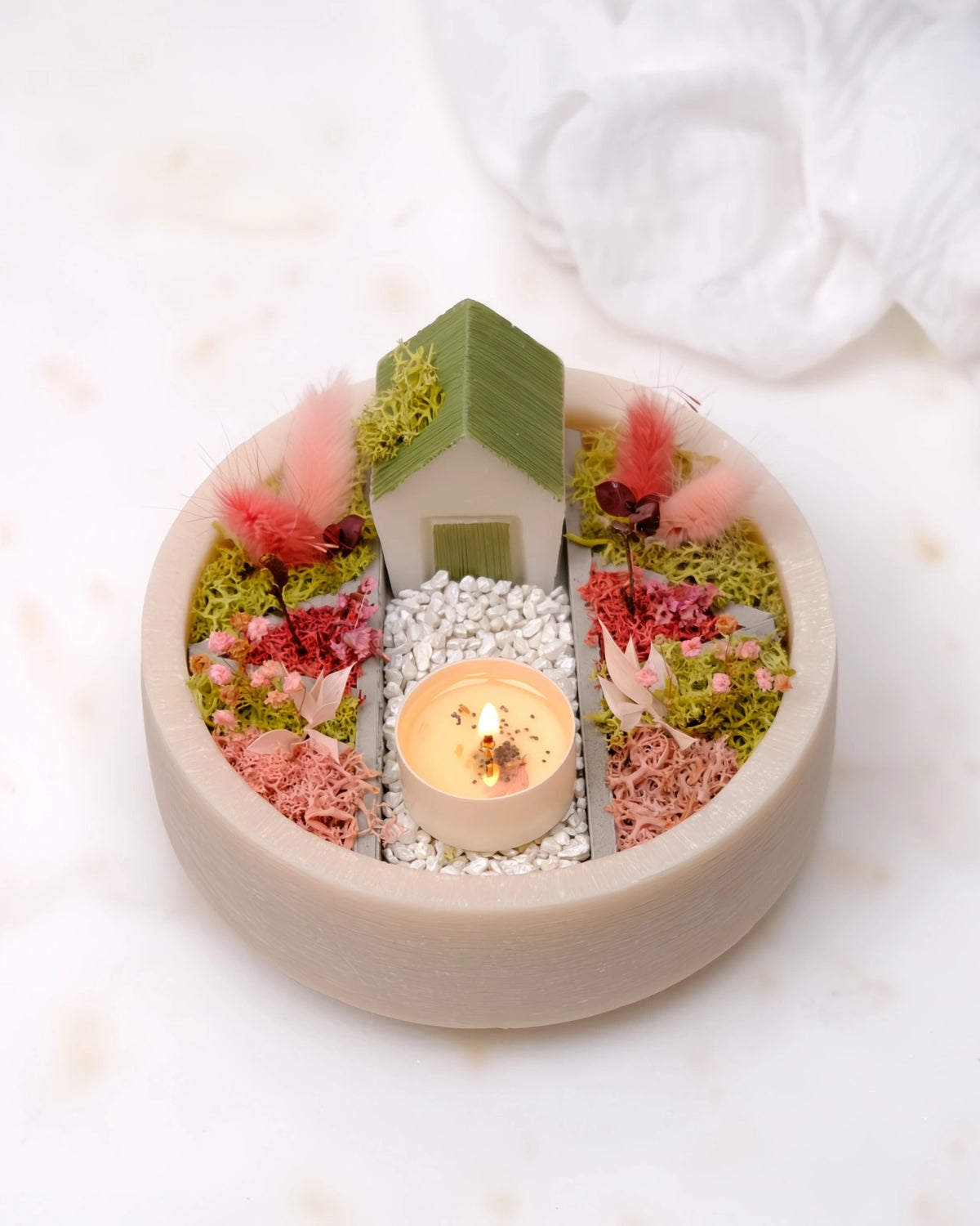 bonseki giardino zen rituale meditazione candela - vassoio tondo colore beige e rosa