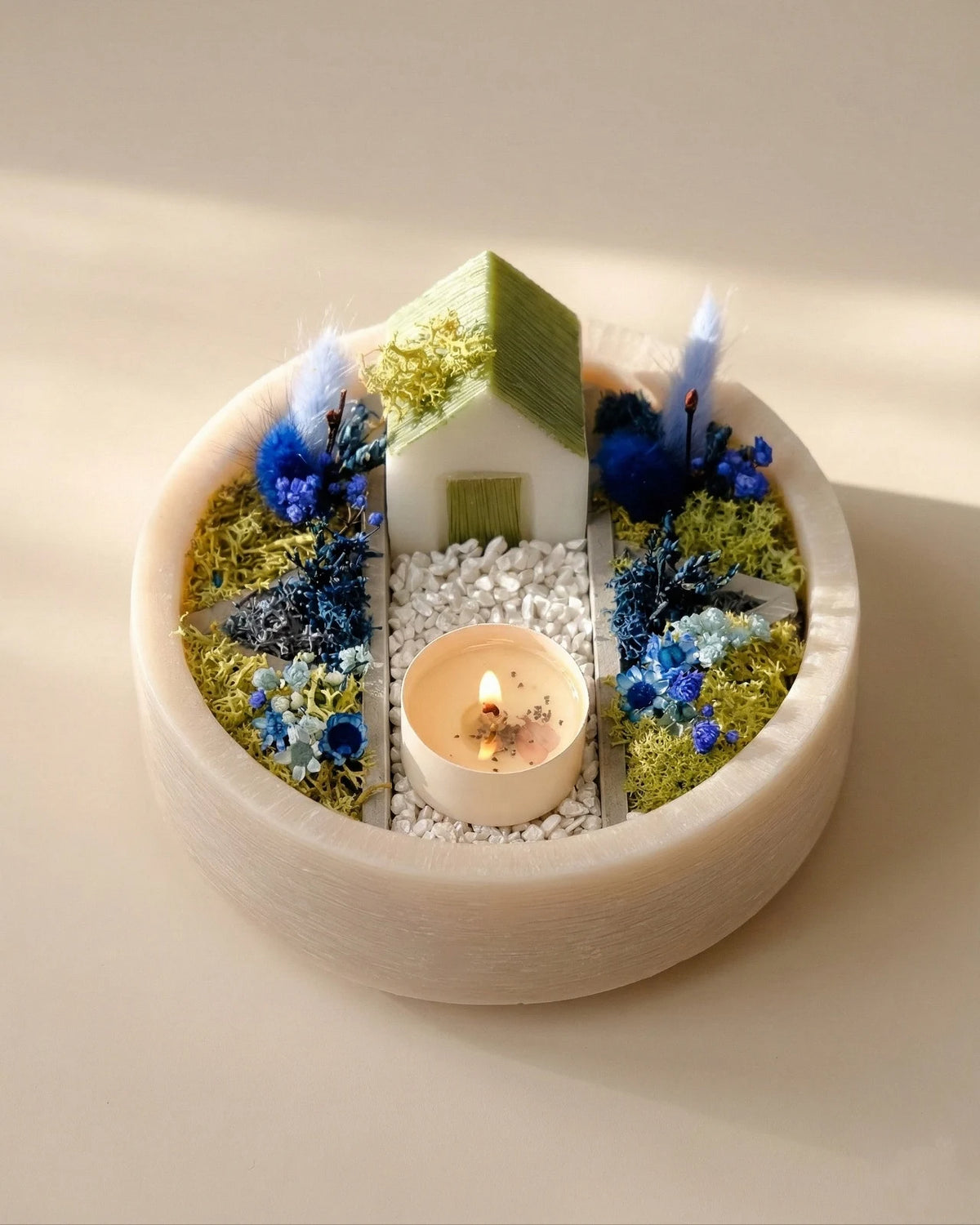 bonseki giardino zen rituale meditazione candela - vassoio tondo colore beige e blu