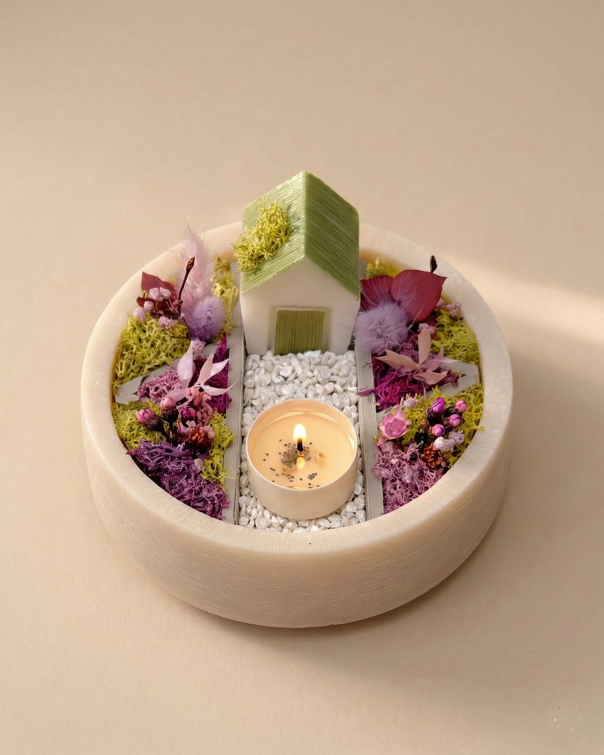bonseki giardino zen rituale meditazione candela - vassoio tondo colore beige e lilla