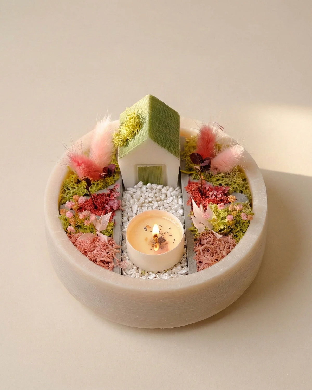 bonseki giardino zen rituale meditazione candela - vassoio tondo colore beige e rosa