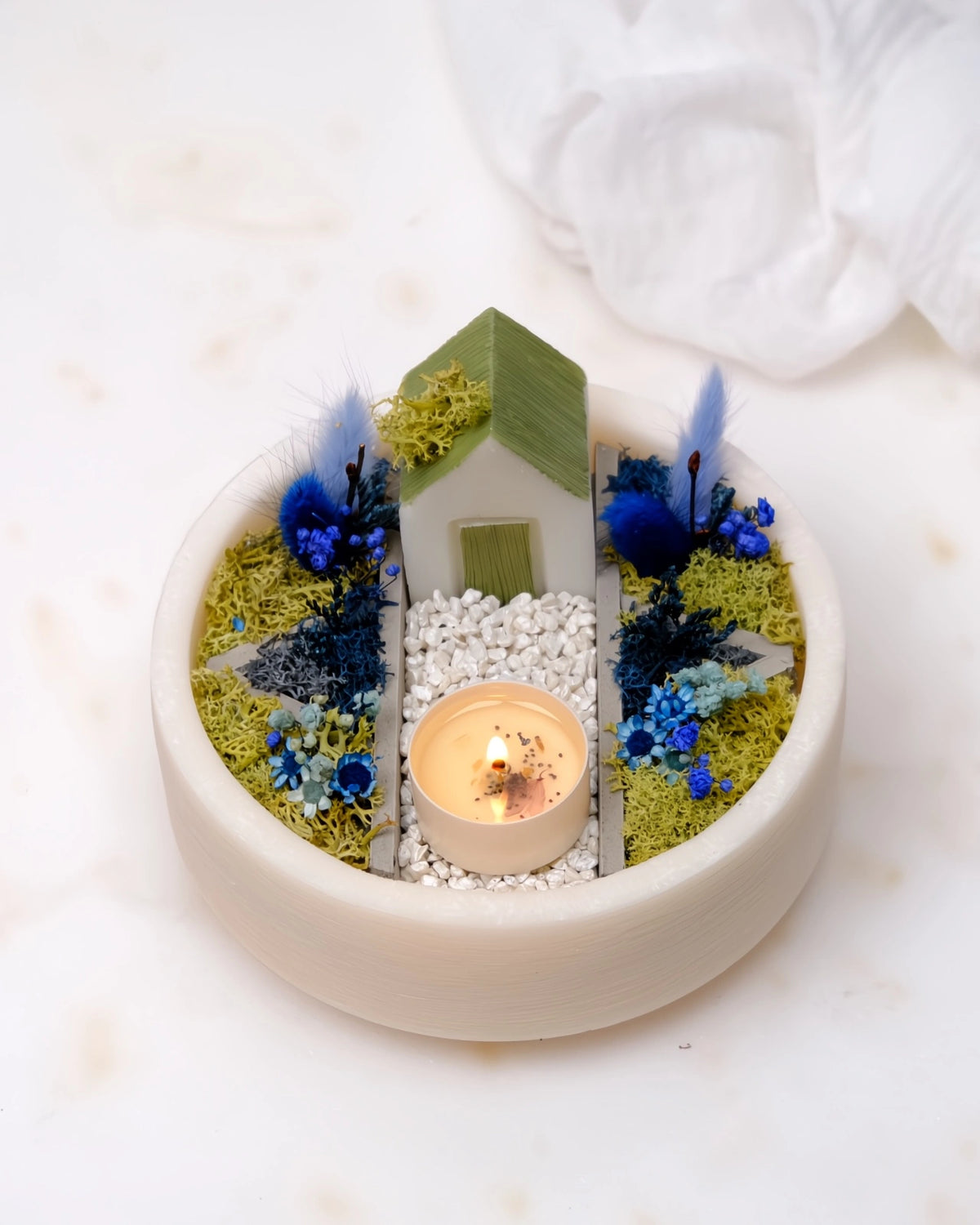 bonseki giardino zen rituale meditazione candela - vassoio tondo colore crema e blu