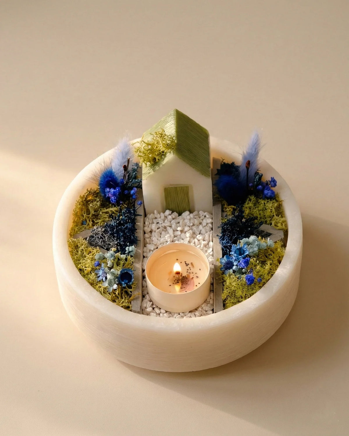 bonseki giardino zen rituale meditazione candela - vassoio tondo colore crema e blu