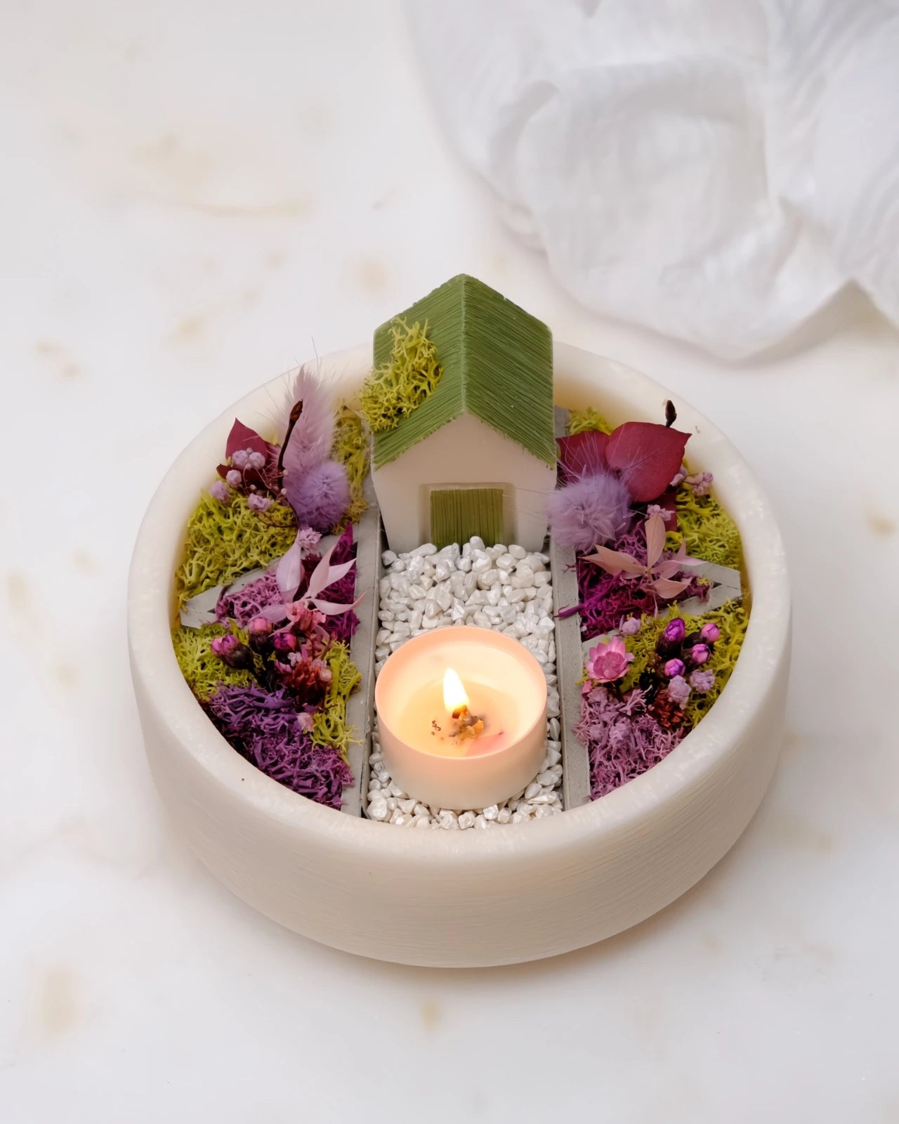 bonseki giardino zen rituale meditazione candela - vassoio tondo colore crema e lilla