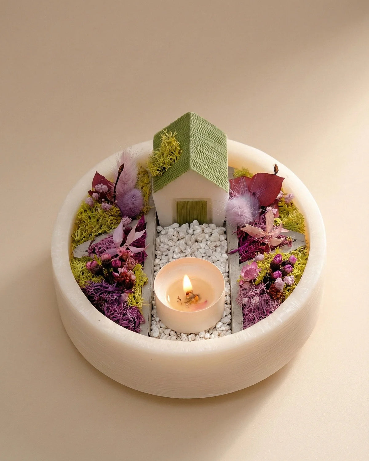 bonseki giardino zen rituale meditazione candela - vassoio tondo colore crema e lilla