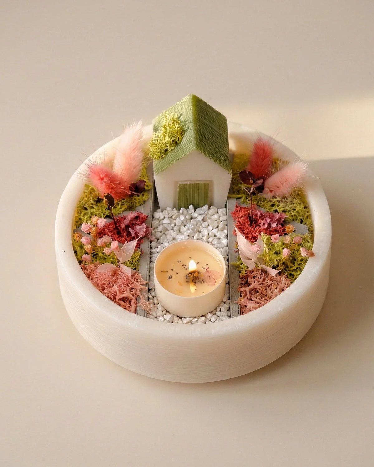 bonseki giardino zen rituale meditazione candela - vassoio tondo colore crema e rosa