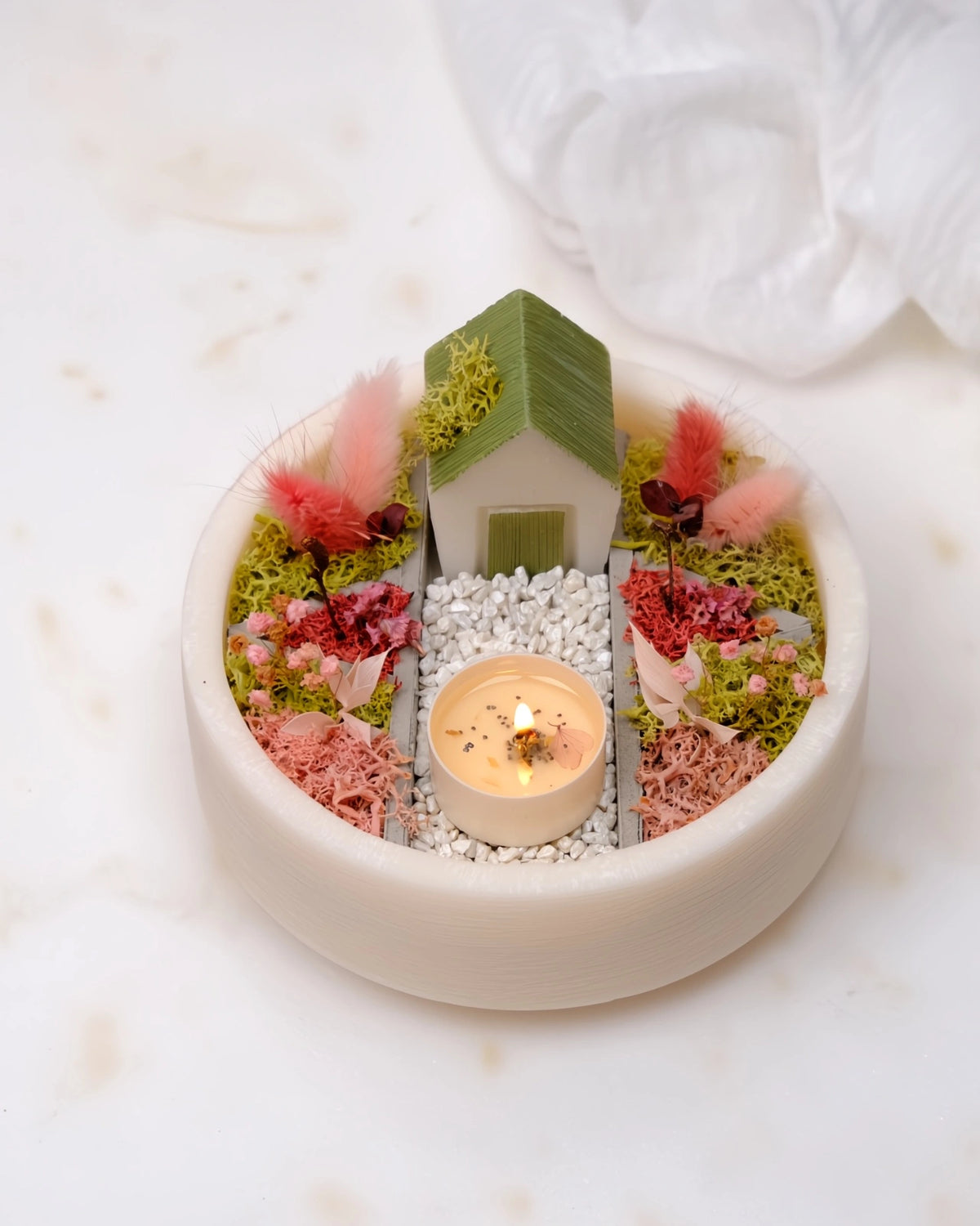 bonseki giardino zen rituale meditazione candela - vassoio tondo colore crema e rosa
