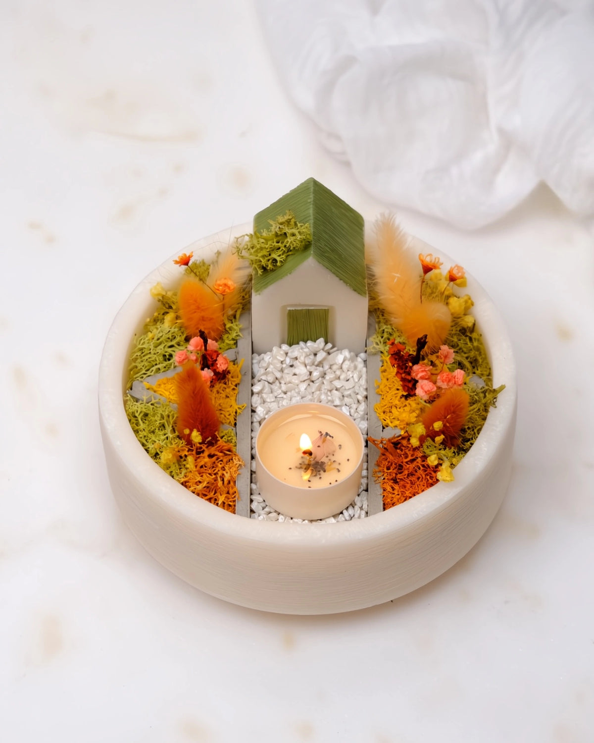 bonseki giardino zen rituale meditazione candela - vassoio tondo colore crema e arancione