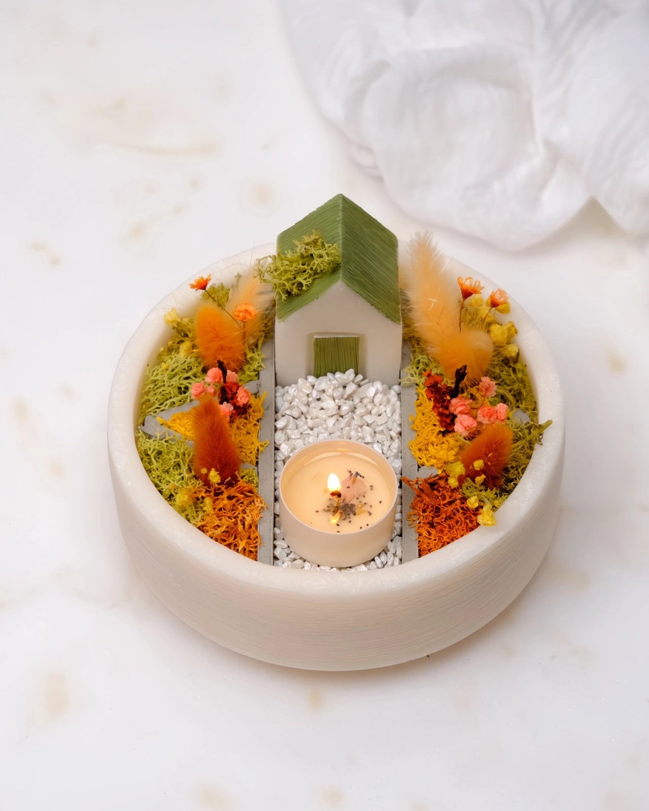 bonseki giardino zen rituale meditazione candela - vassoio tondo colore crema e arancione