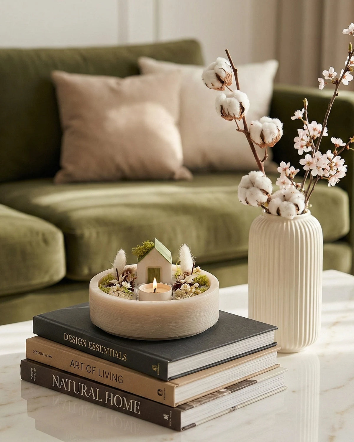 giardino zen bonseki da tavolo su tavolino da fumo in salotto elegante japandi su coffee table di marmo