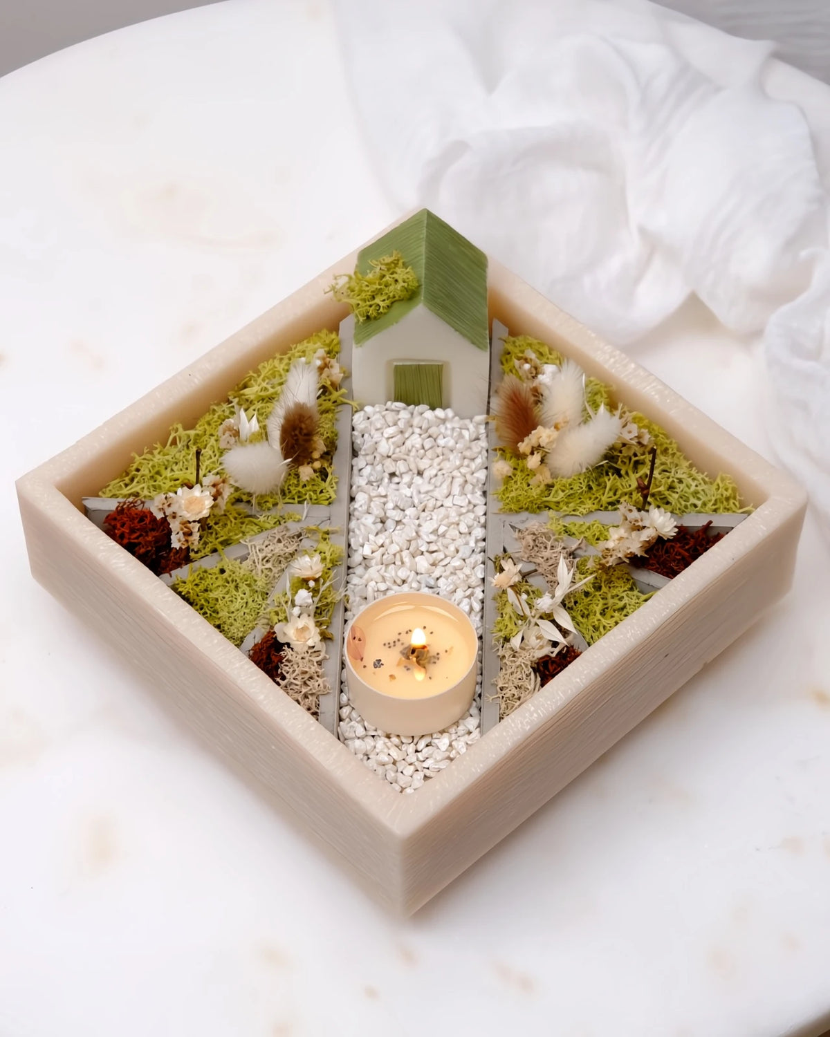 bonseki giardino zen rituale meditazione candela - vassoio quadrato colore beige