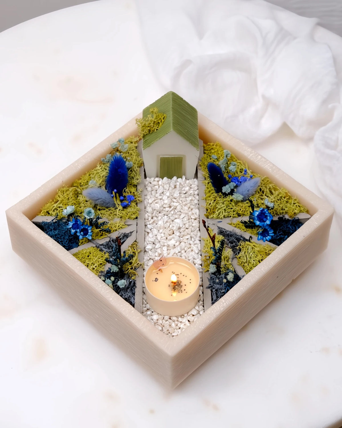 bonseki giardino zen rituale meditazione candela - vassoio quadrato colore beige e blu