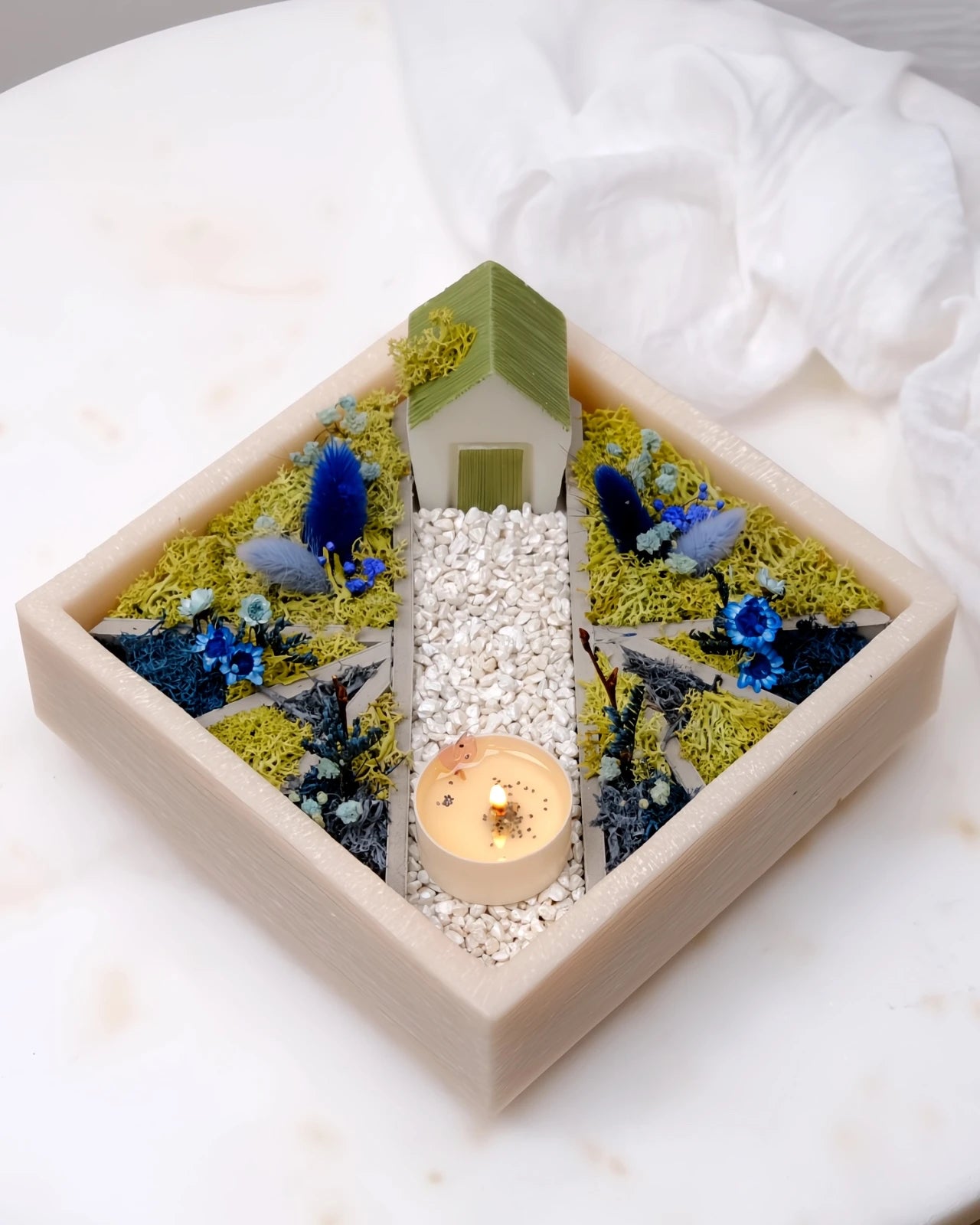 bonseki giardino zen rituale meditazione candela - vassoio quadrato colore beige e blu