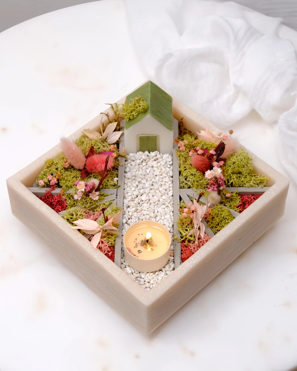 bonseki giardino zen rituale meditazione candela - vassoio quadrato colore beige e rosa