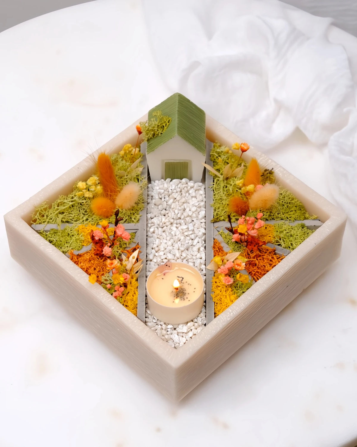 bonseki giardino zen rituale meditazione candela - vassoio quadrato colore beige e arancione