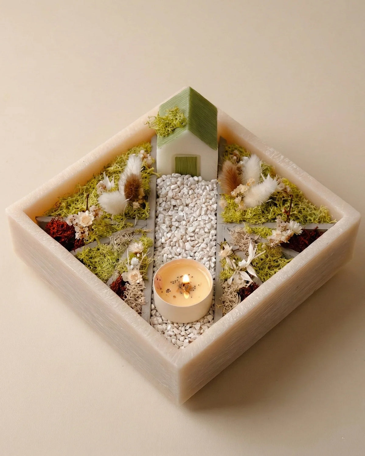 bonseki giardino zen rituale meditazione candela - vassoio quadrato colore beige 