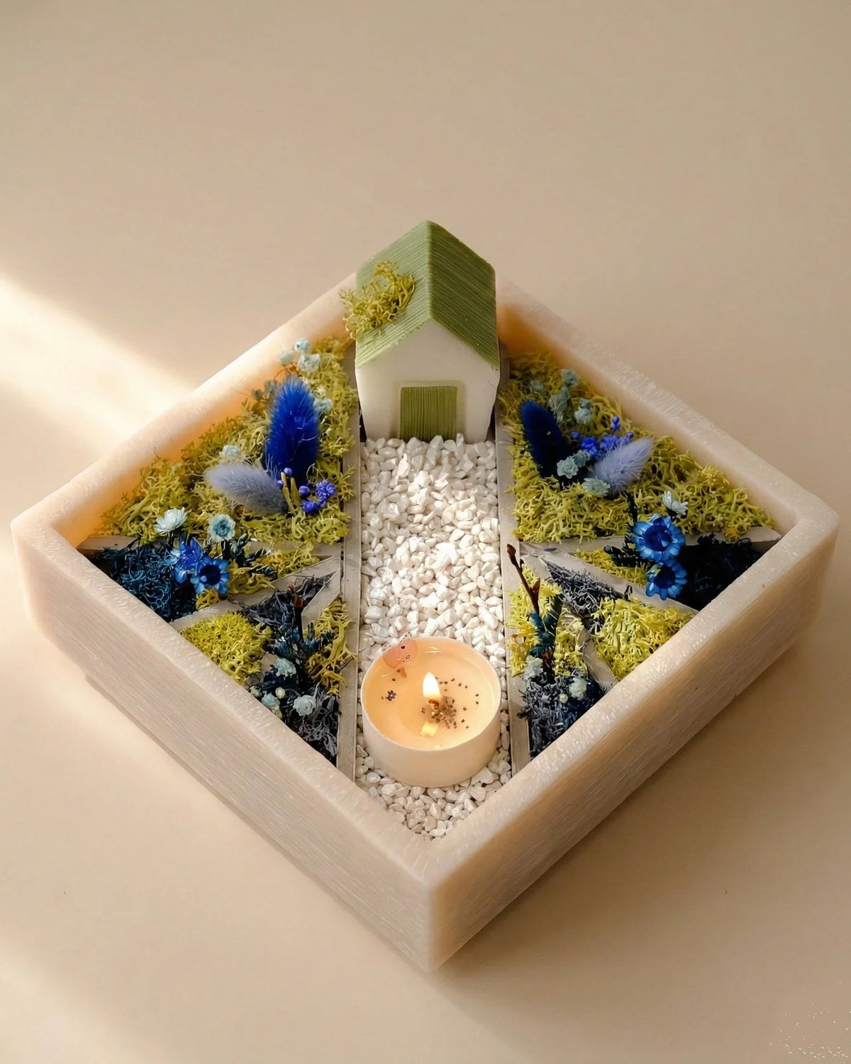 bonseki giardino zen rituale meditazione candela - vassoio quadrato colore beige e blu