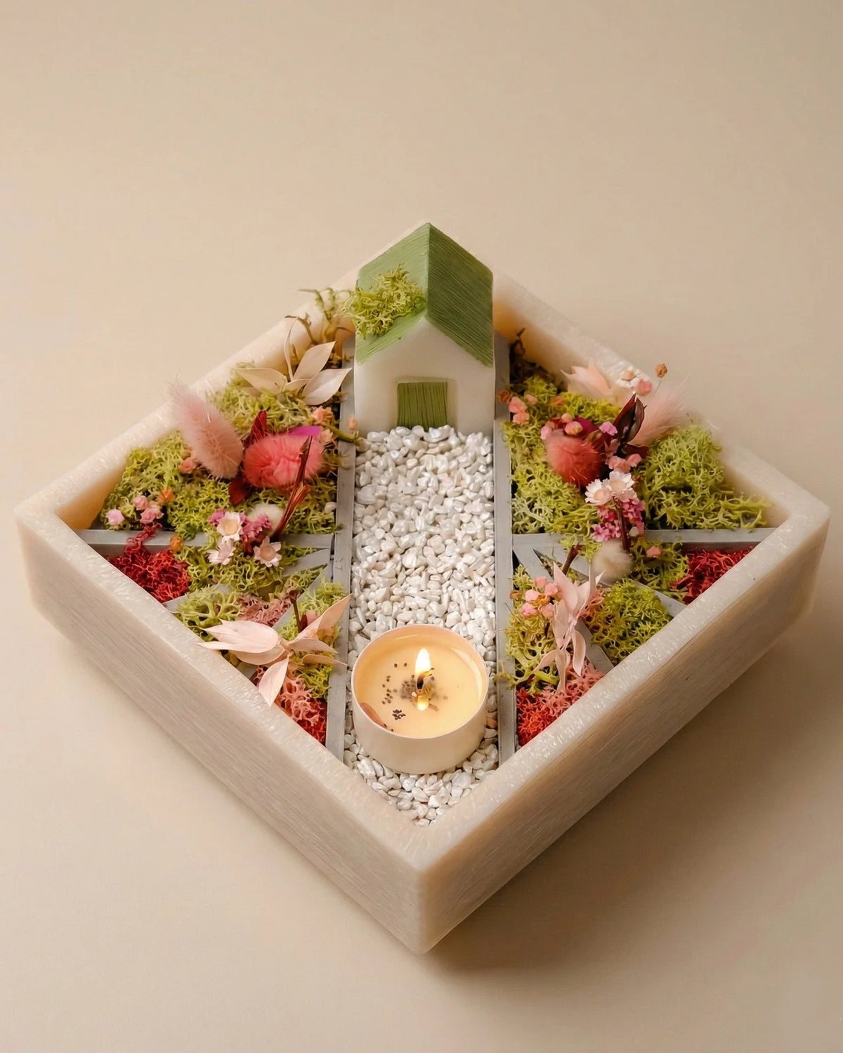 bonseki giardino zen rituale meditazione candela - vassoio quadrato colore beige e rosa