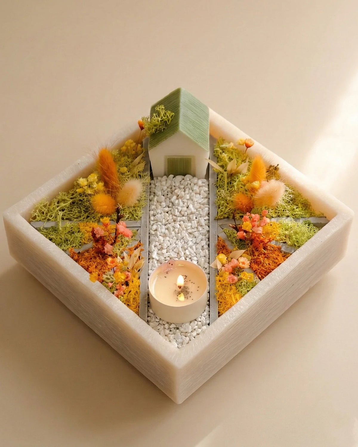 bonseki giardino zen rituale meditazione candela - vassoio quadrato colore beige e arancio