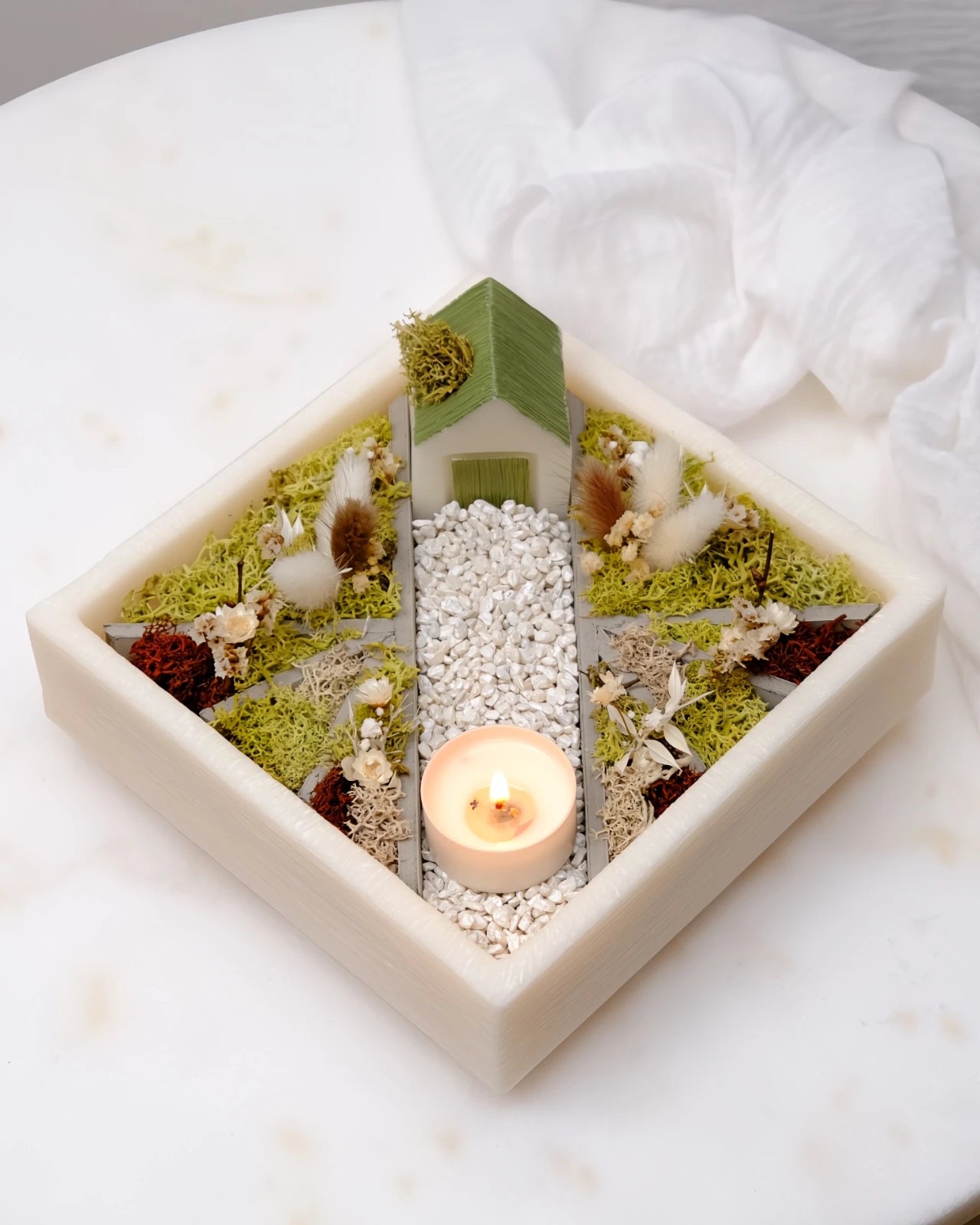 bonseki giardino zen rituale meditazione candela - vassoio quadrato colore crema e beige