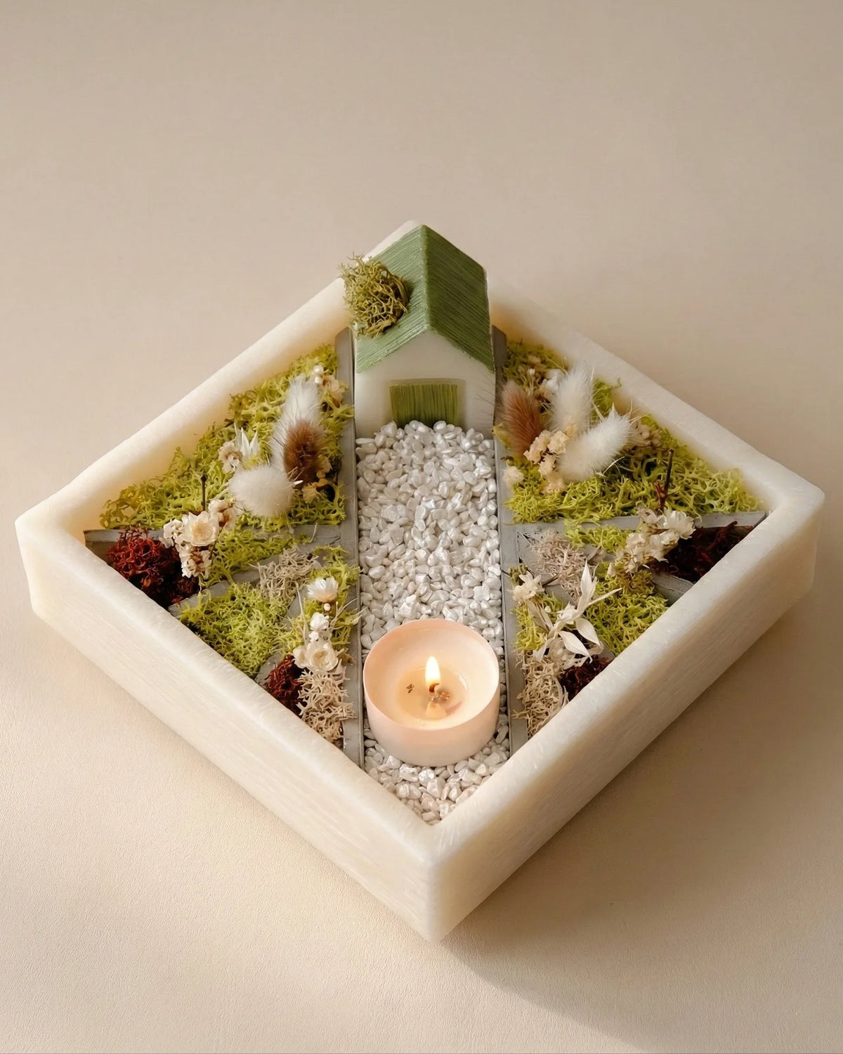 bonseki giardino zen rituale meditazione candela - vassoio quadrato colore crema