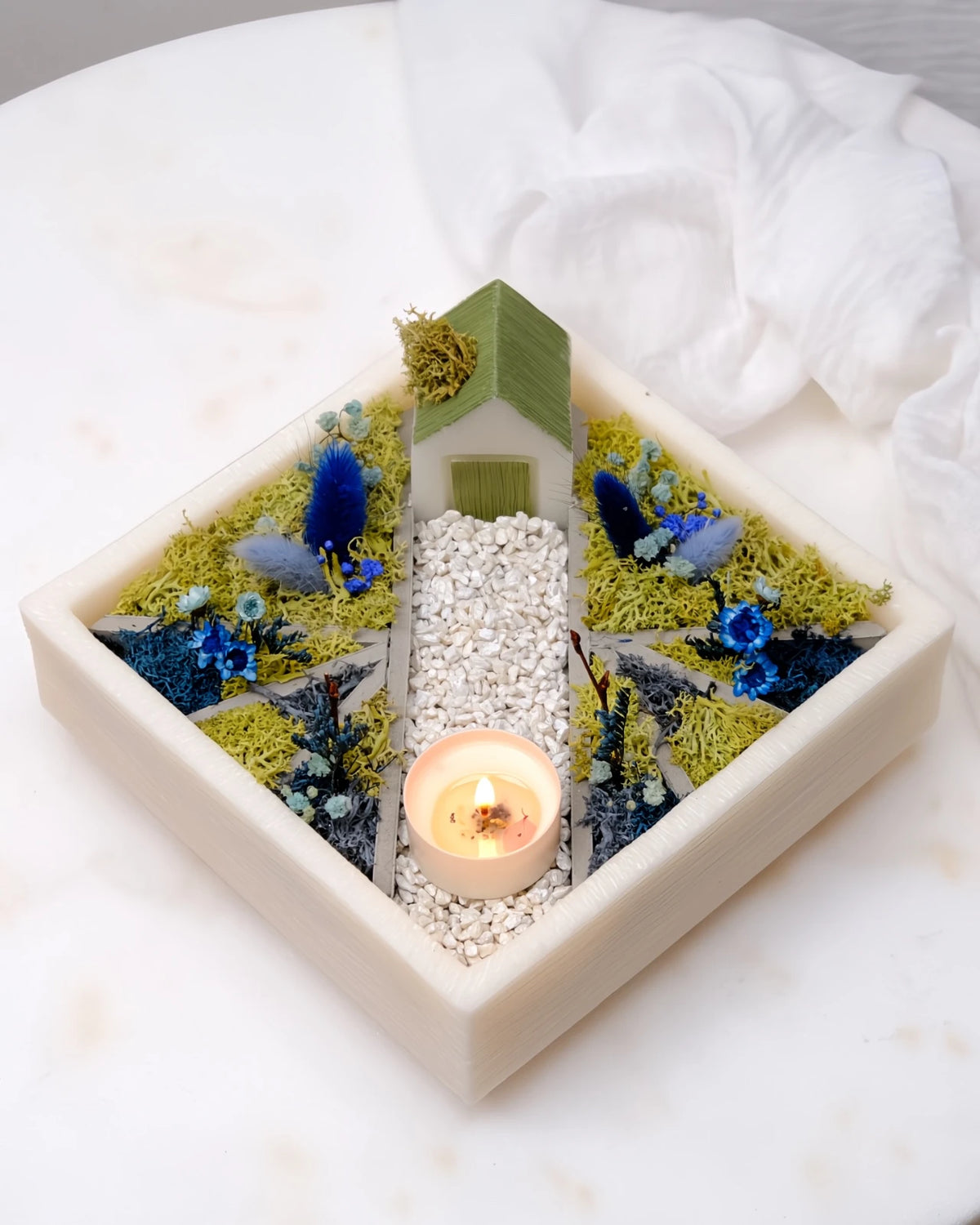 bonseki giardino zen rituale meditazione candela - vassoio quadrato colore crema e  blu